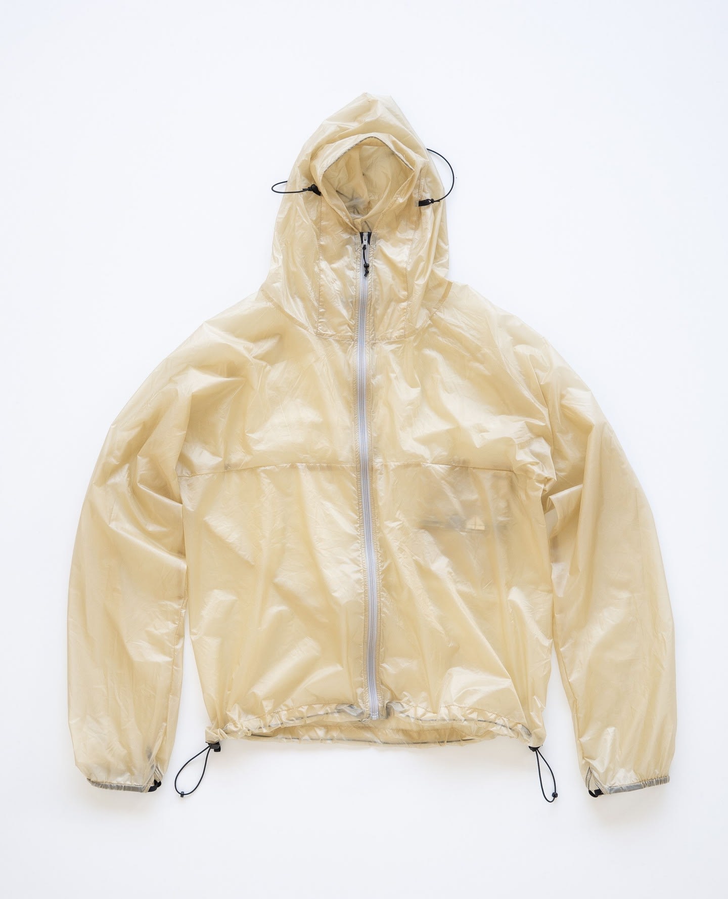 A translucent beige hooded windbreaker is centered against a plain white background.