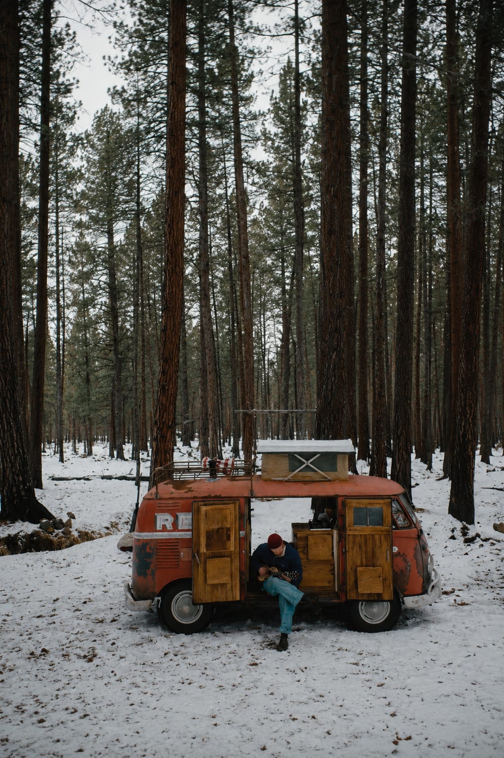A person plays a guitar while sitting in the open door of a rusty red camper van in a snowy pine forest.