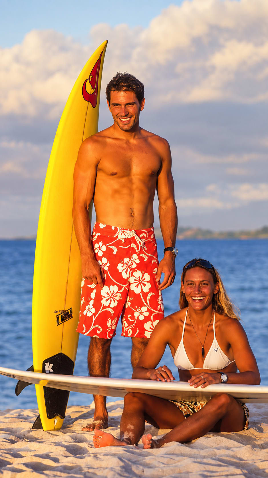 A shirtless man in red floral shorts stands with a yellow surfboard next to a woman in a white bikini sitting on the sand, with the blue ocean and a cloudy sky in the background.