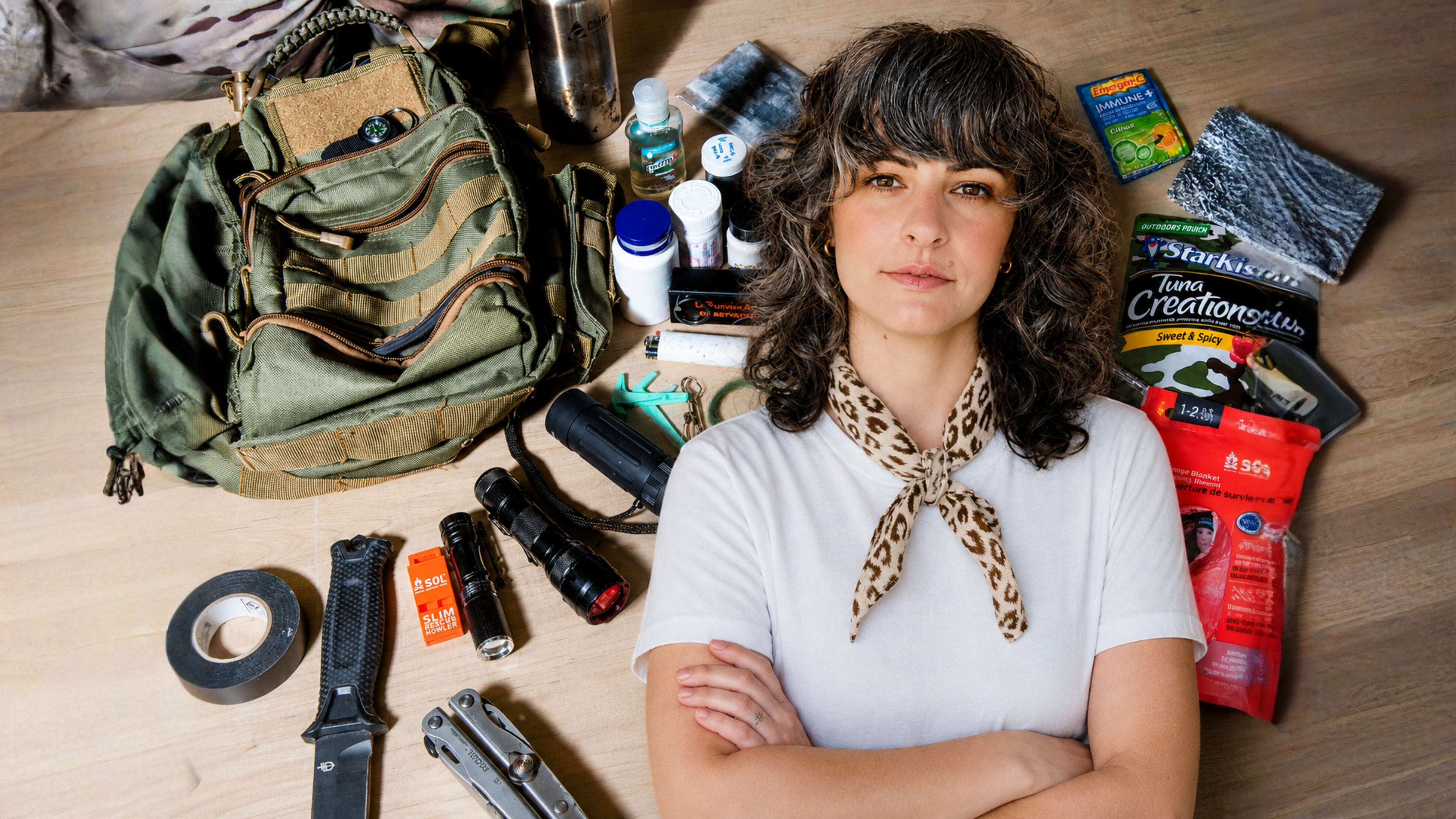 A woman with curly hair and a leopard-print scarf stands with her arms crossed, surrounded by a collection of survival gear including a backpack, flashlights, and canned food.