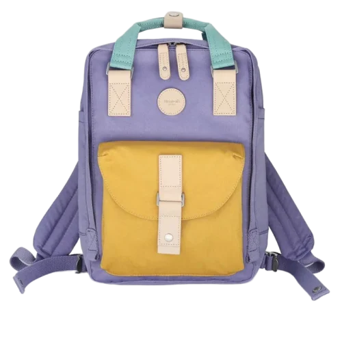 Stylish Himawari waterproof canvas backpack in contrasting colors, featuring a distinctive round label and spacious design.