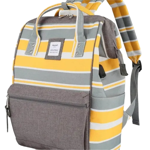 Stylish striped waterproof nylon backpack with side pockets, perfect for daily use, featuring a modern design and USB port.