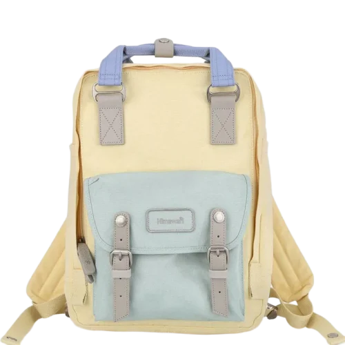 Sleek Himawari nylon backpack in contrasting colors, showcasing durable, water-resistant fabric and spacious design.