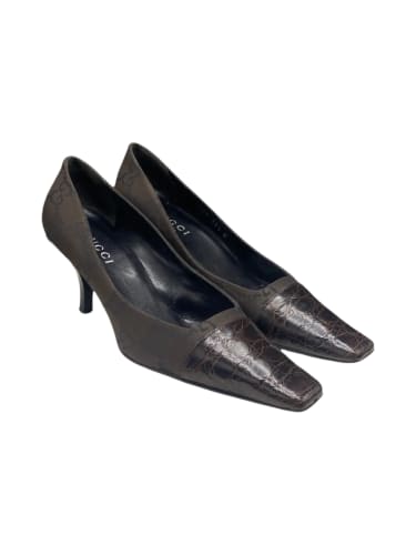 Embossed Croc Leather Brown Heels