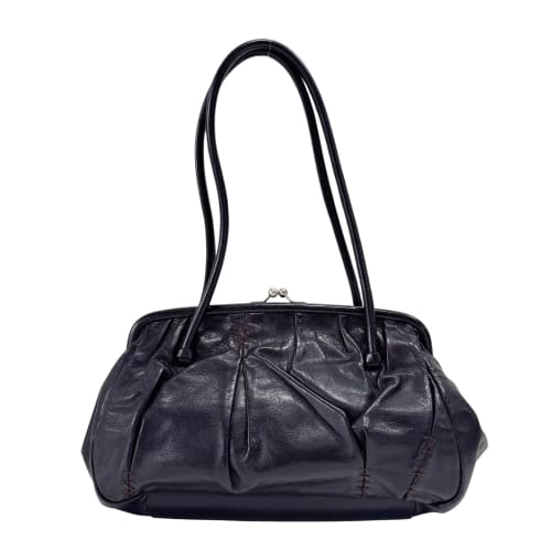 Black Leather Kisslock Frame Satchel