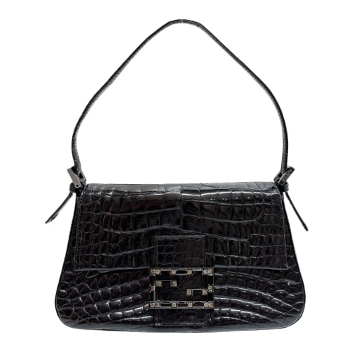 Mini Mamma Baguette Black Crocodile Embossed Shoulder Bag