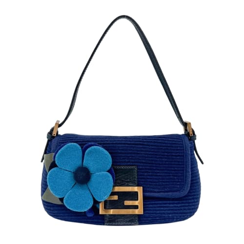 Mini Mamma Baguette Flower Charm Blue Cotton Hand Bag