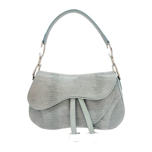 Double Saddle Light Blue Lizzard Embossed Leather Shoulder Bag