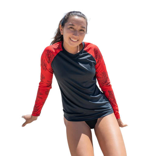 Women's Ocean Ramsey Water Inspired Long Sleeve Ventx Relaxed Fit UV Top - Black/Red Coral Print by Xcel Wetsuits