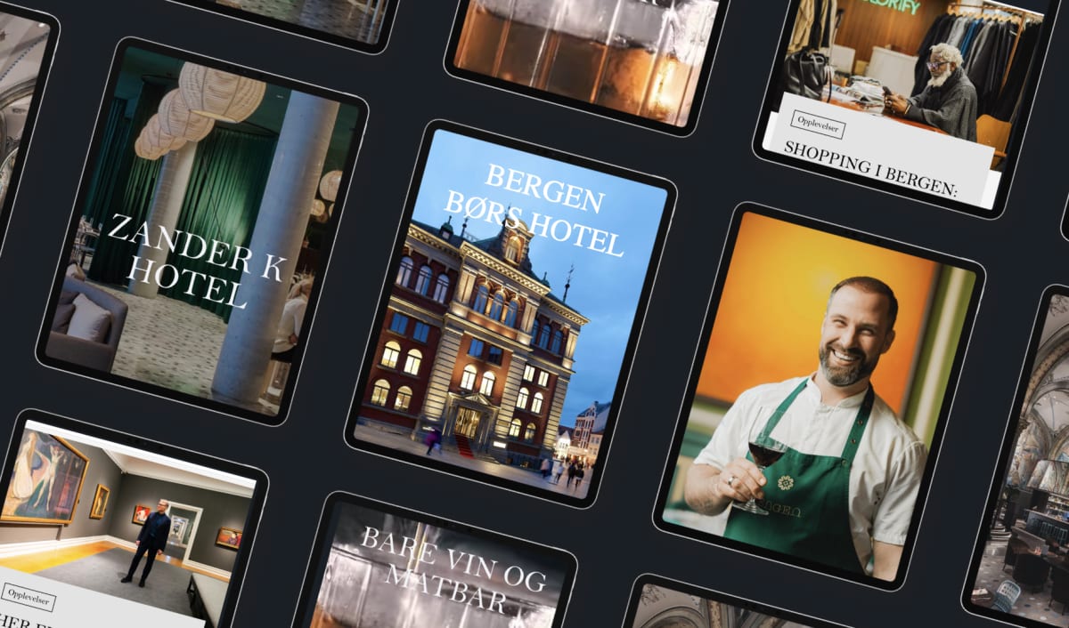 Ulike skjermbilder av digitale plattformer for hoteller og restauranter.