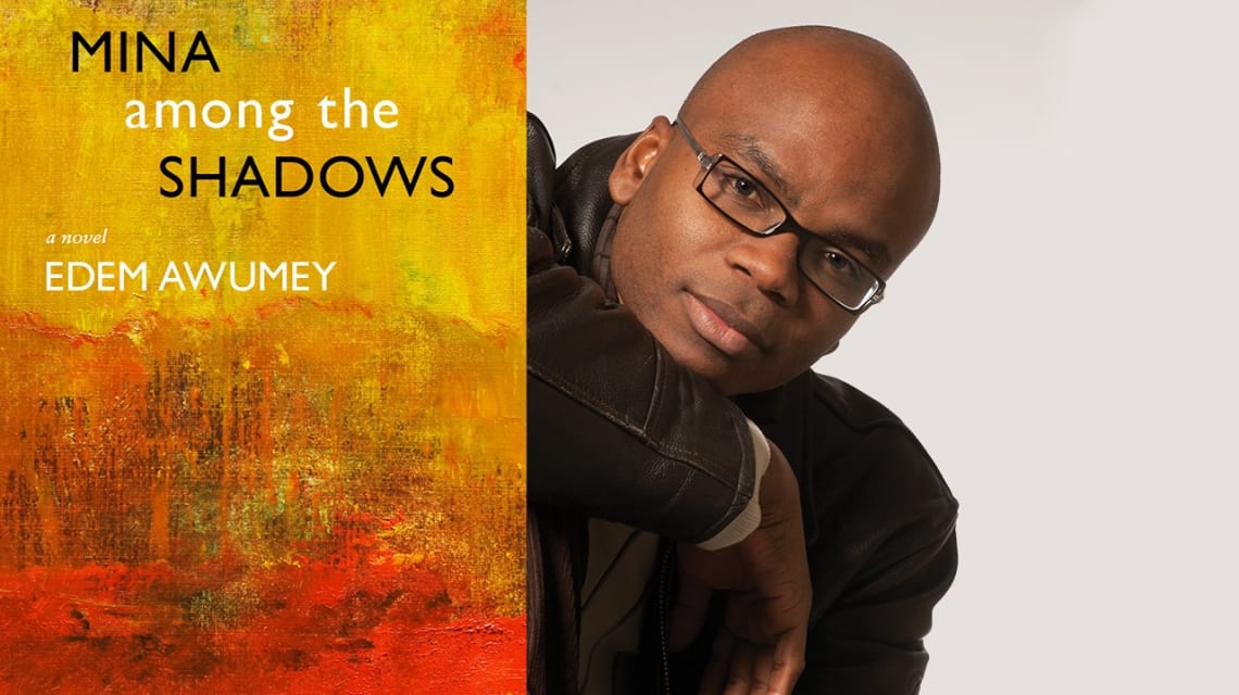 Edem Awumey headshot and Mina Among the Shadows cover