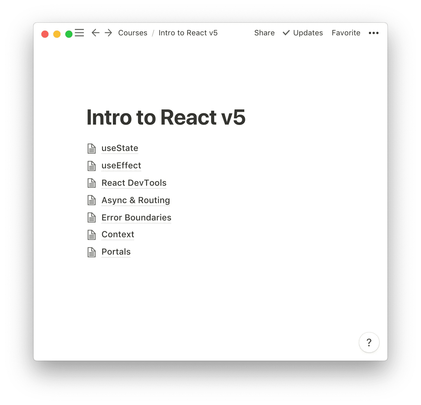 Table of Contents for Intro to React course