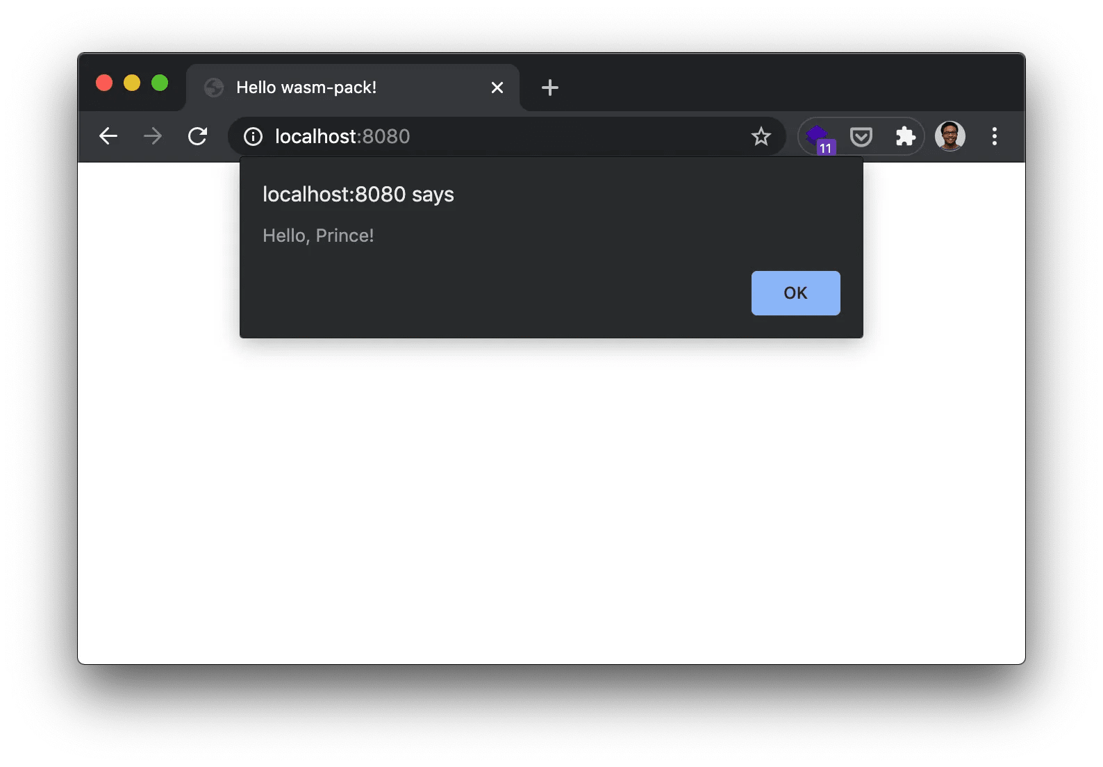 alert saying "Hello Prince"