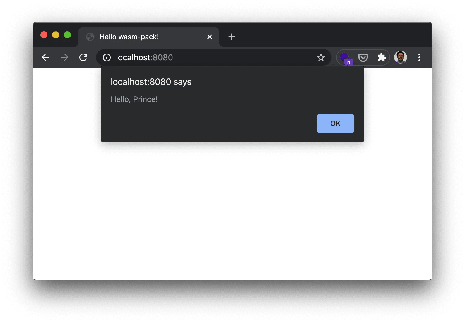 alert saying "Hello Prince"