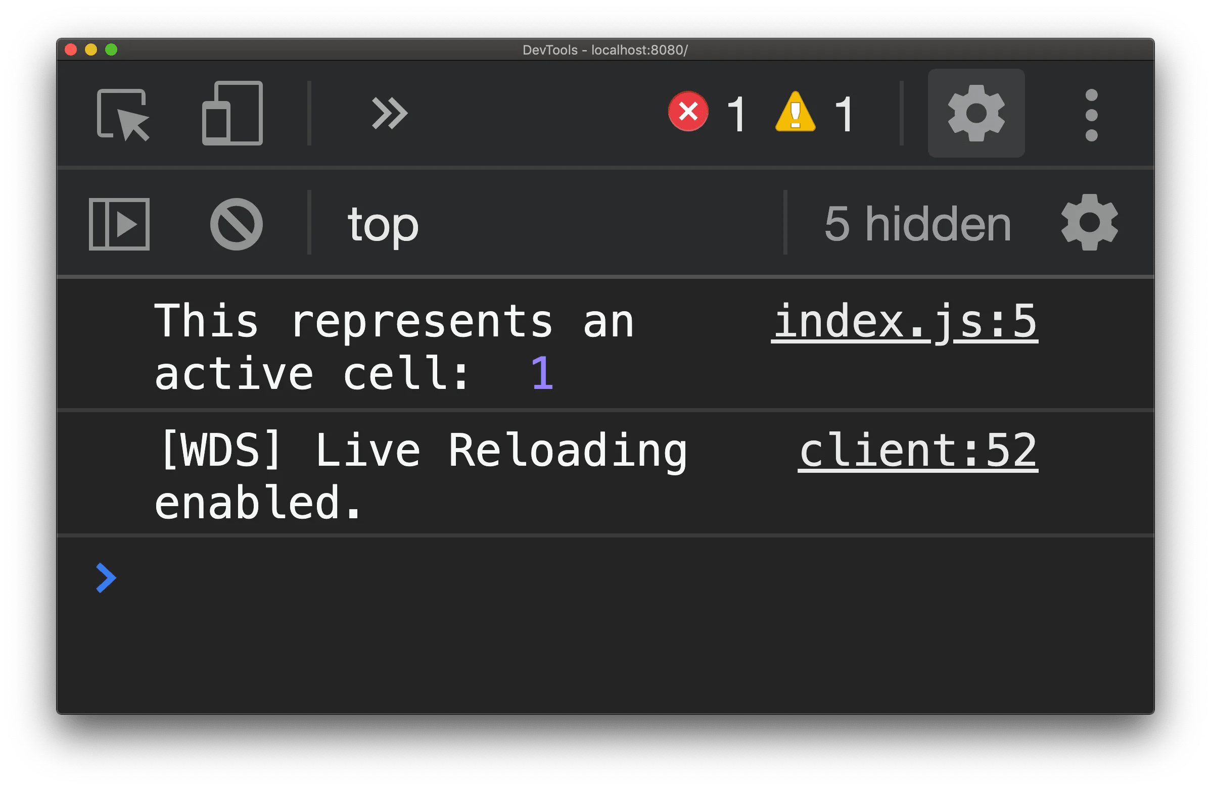 console output saying "This represents an active cell: 1"