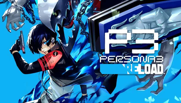 Persona 3 Reload cover image. Showing the main character with his arm pulled around his chest holding an evoker which is in the shape of a pistol. The main character has their person out behind them with a series of coffins surrounding them.