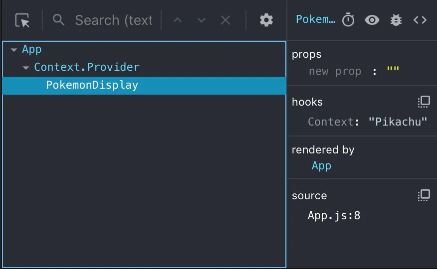 React DevTools showing PokemonDisplay with a prop called Context and a value of 'Pikachu'