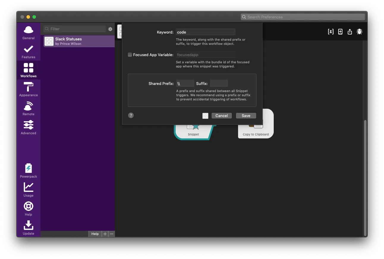 snippet trigger menu showing \code command