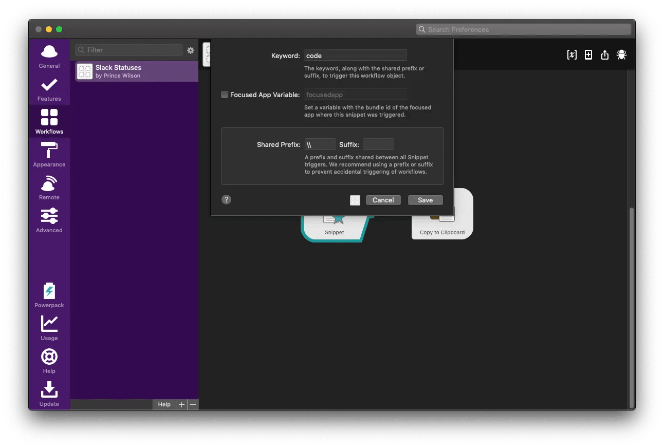 snippet trigger menu showing \code command