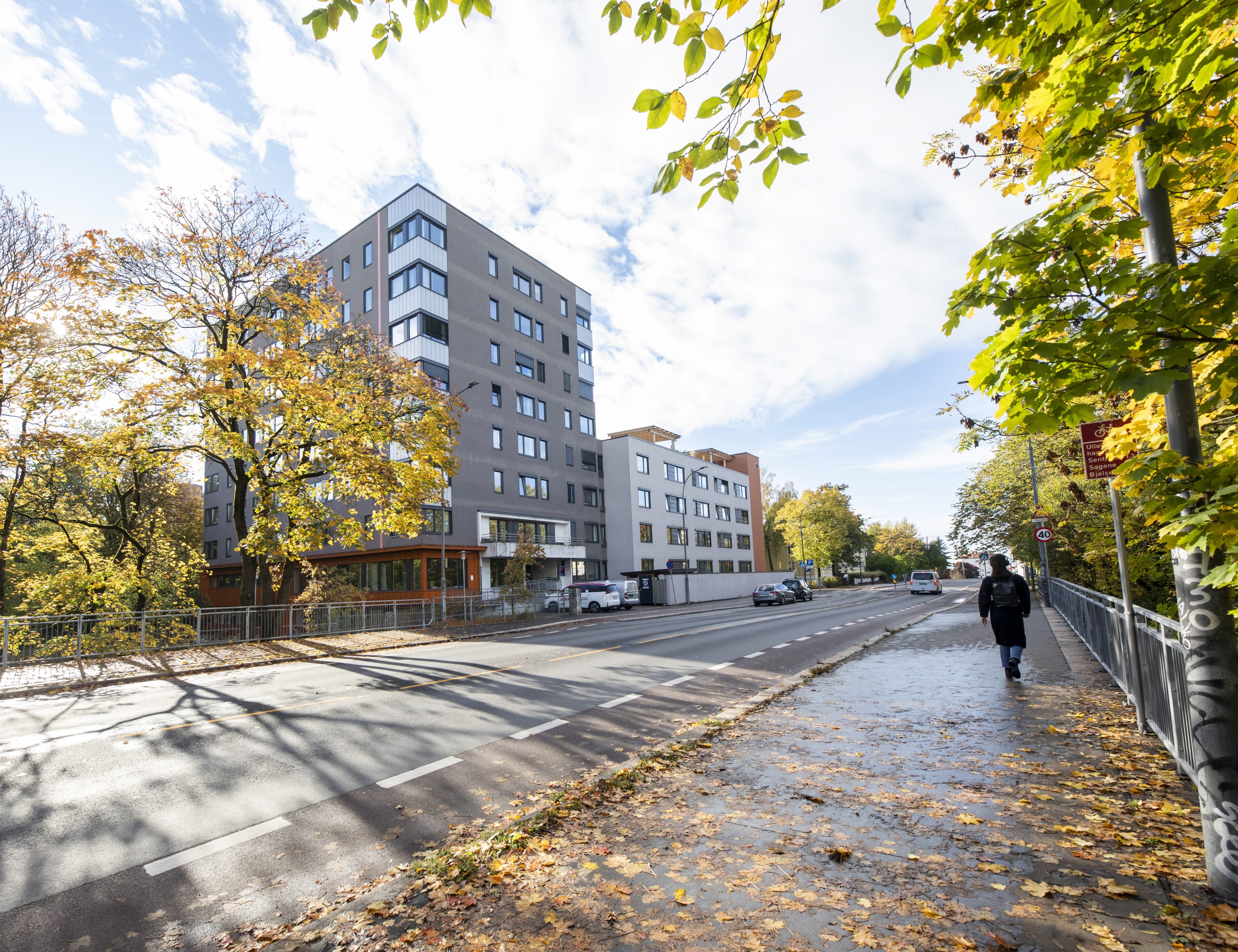Høstbilde av fasadebygg og bro og Akerselva