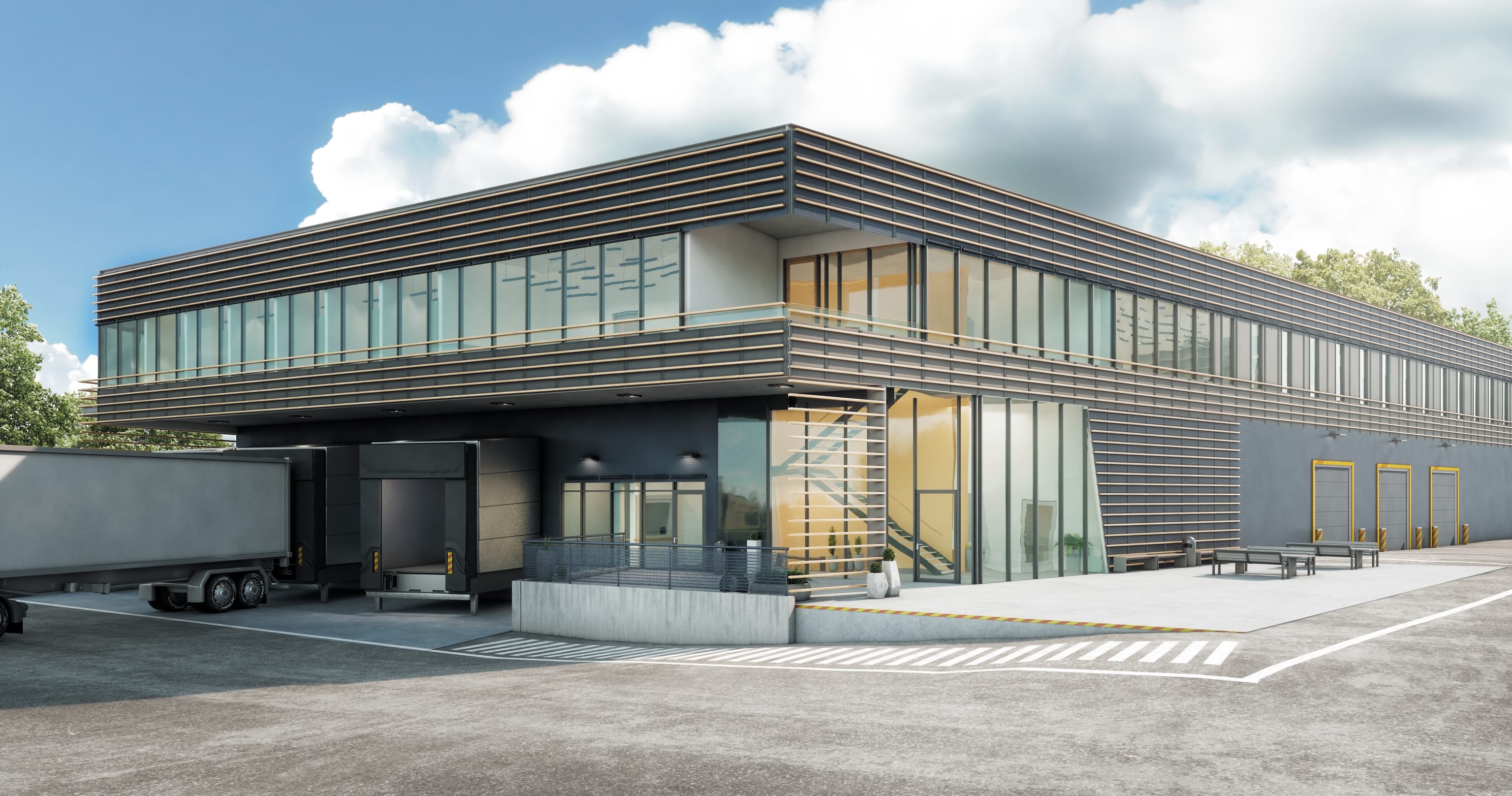 Del av Vestby Næringspark Fasade næringsbygg med varemottak