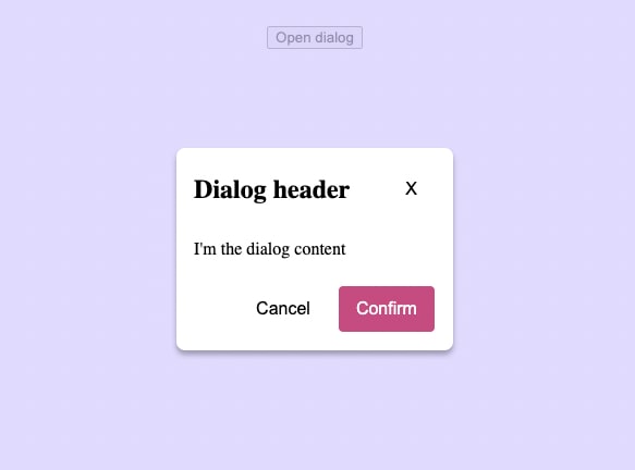  New appearance of an open dialog with pastel purple backdrop, a header with title and close button aligned on the same line, and some stylings for the footer buttons