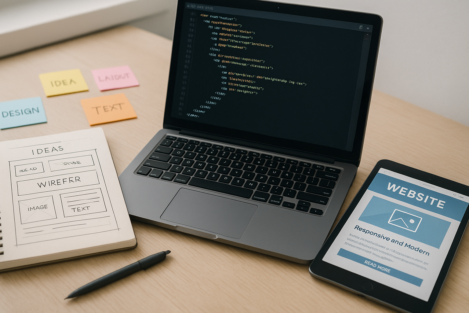 Modern digital workspace showing website development stages with a laptop displaying code, a sketchbook with wireframes, colorful post-it notes, and a tablet mockup.