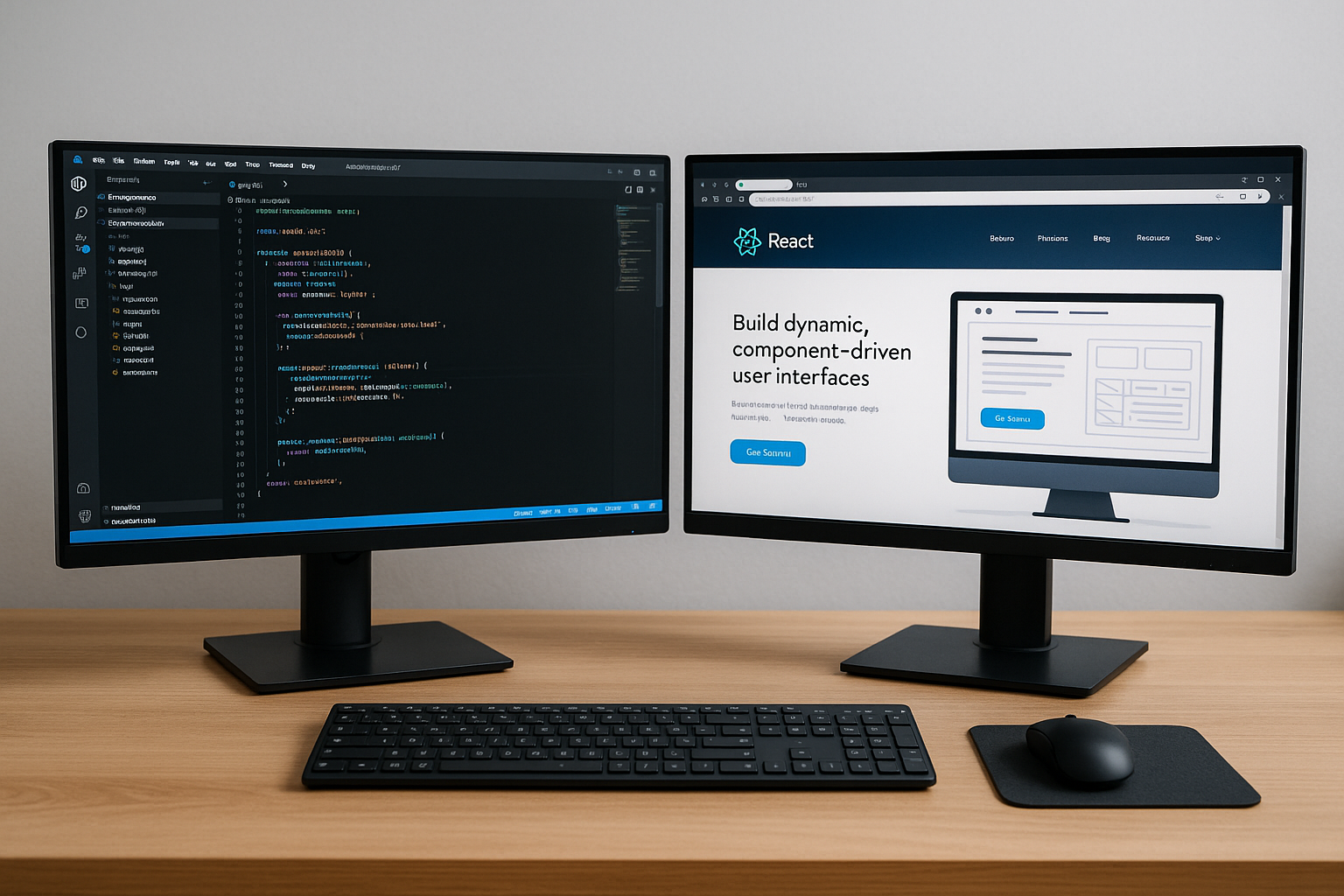 Desktop workspace showing a dual-monitor setup with Visual Studio Code on the left screen and a website preview on the right screen.