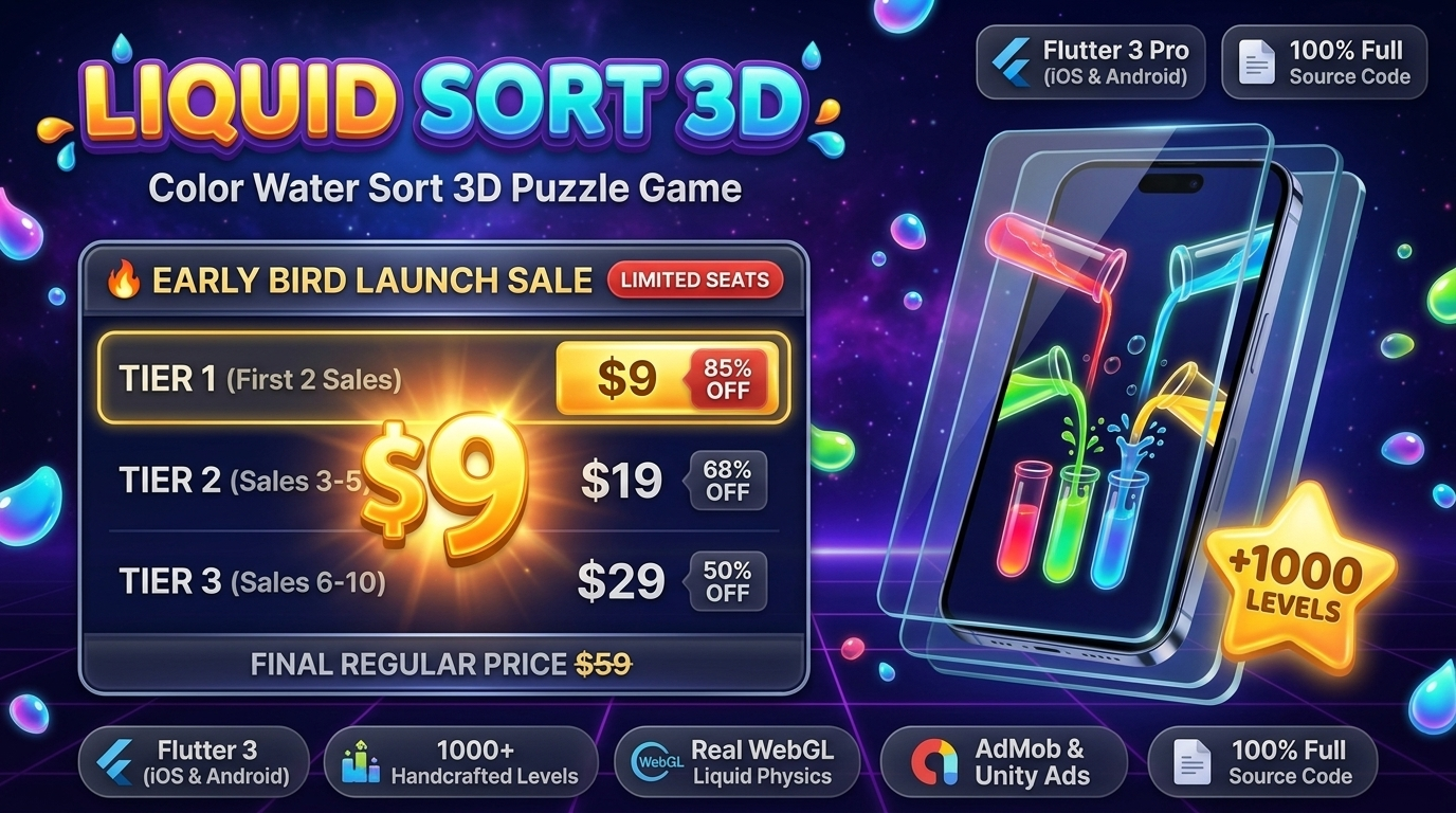 Liquid Sort 3D — Color Water Puzzle Game (1010+ Levels) | Full Flutter iOS & Android Source Code