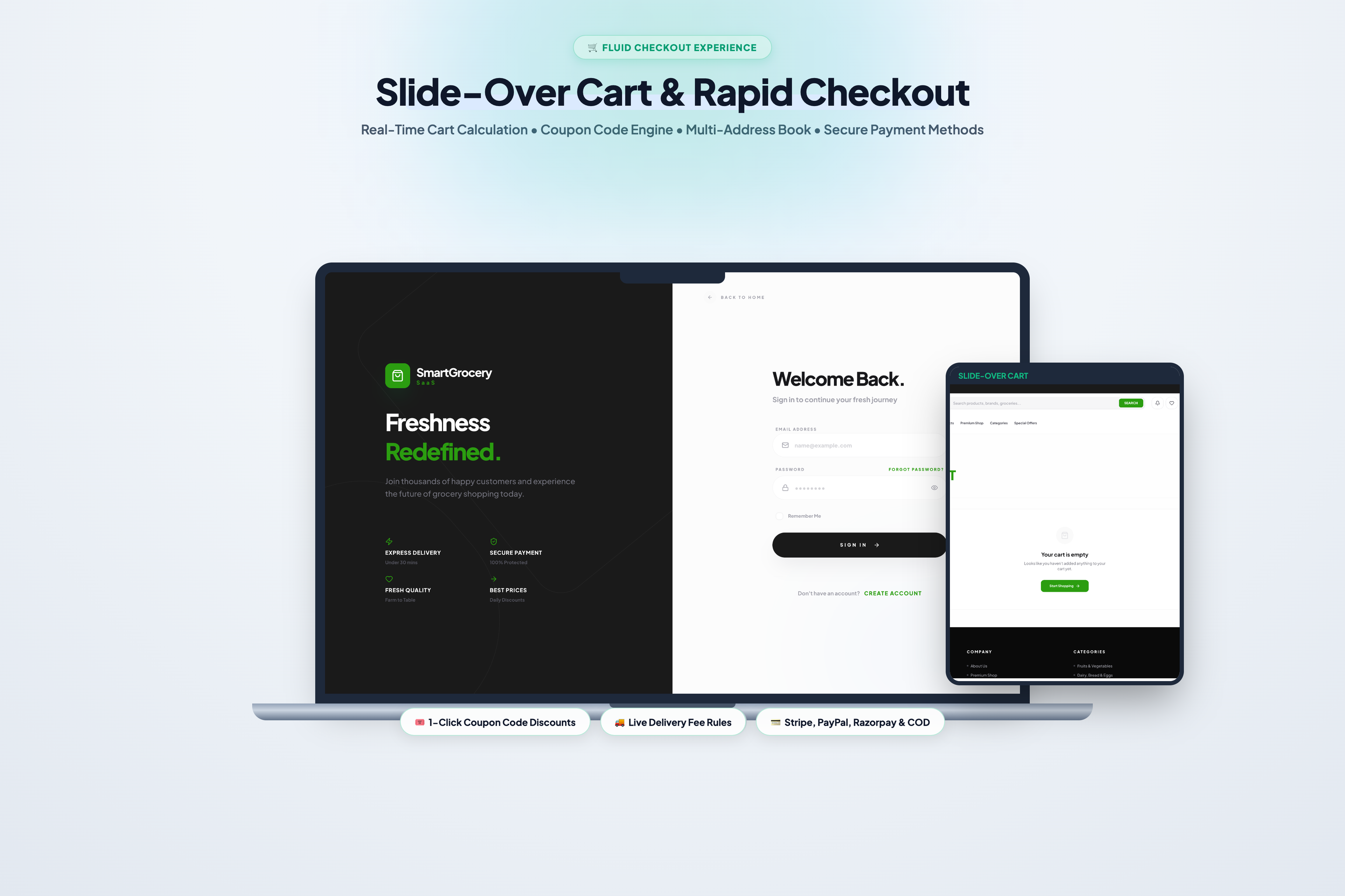 SmartGrocery - Slide-Over Cart and 1-Page Fast Checkout
