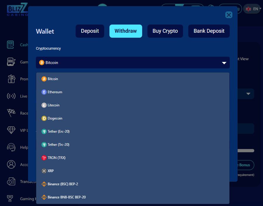 Blizz Casino Withdrawal Screen