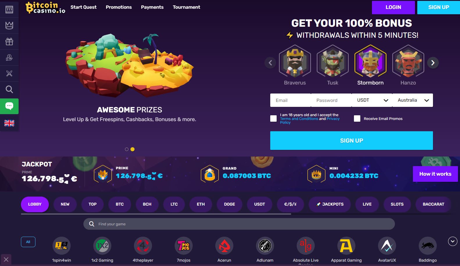 BitcoinCasino.io lobby (2023)