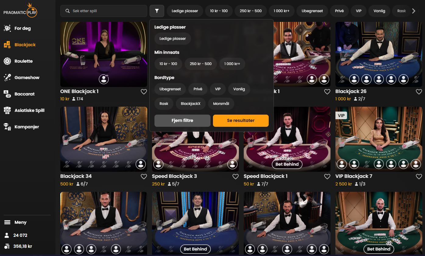 Pragmatic Blackjack Lobby på Norsk