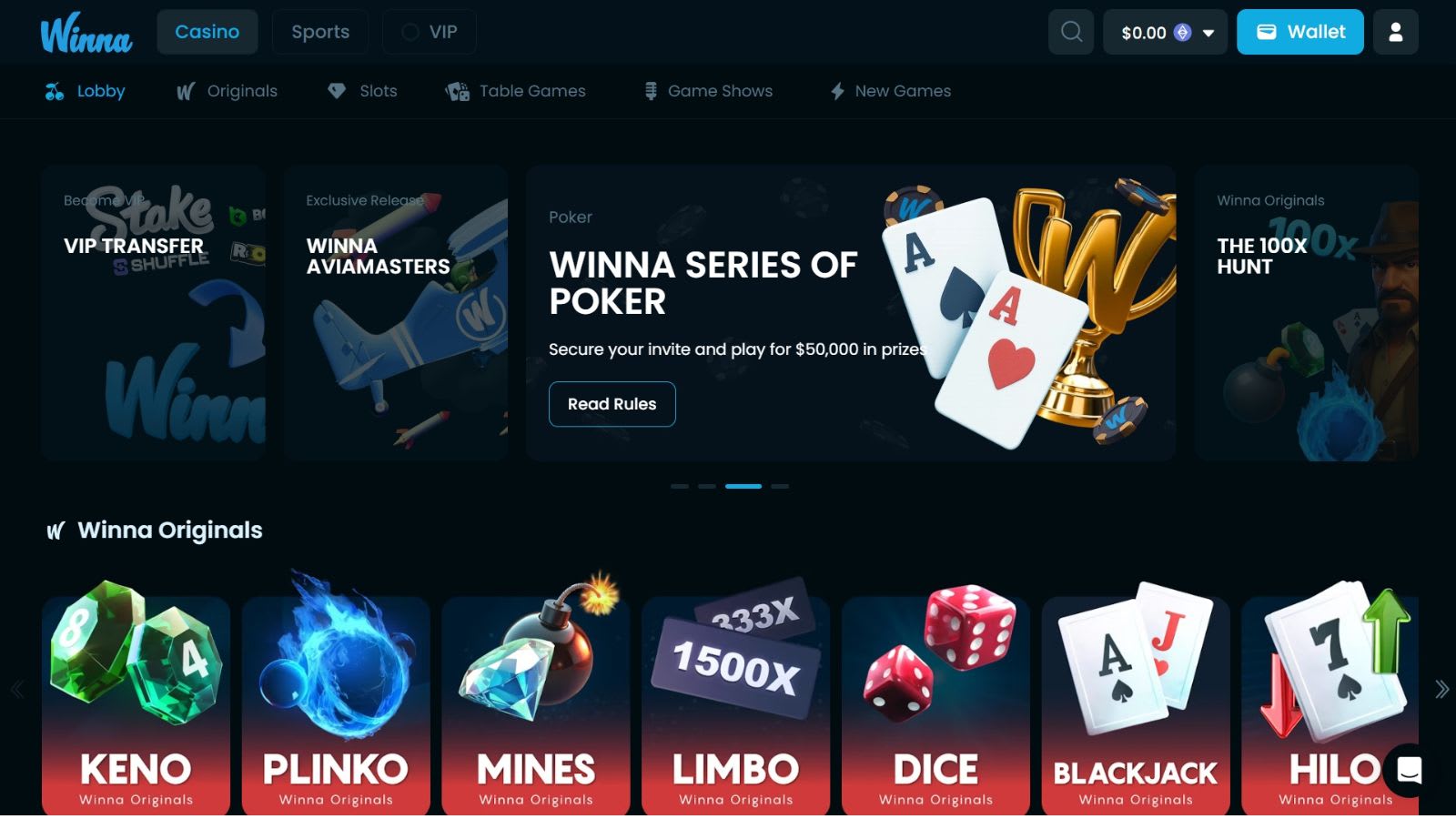 Winna Casino Review - Lobby Screenshot