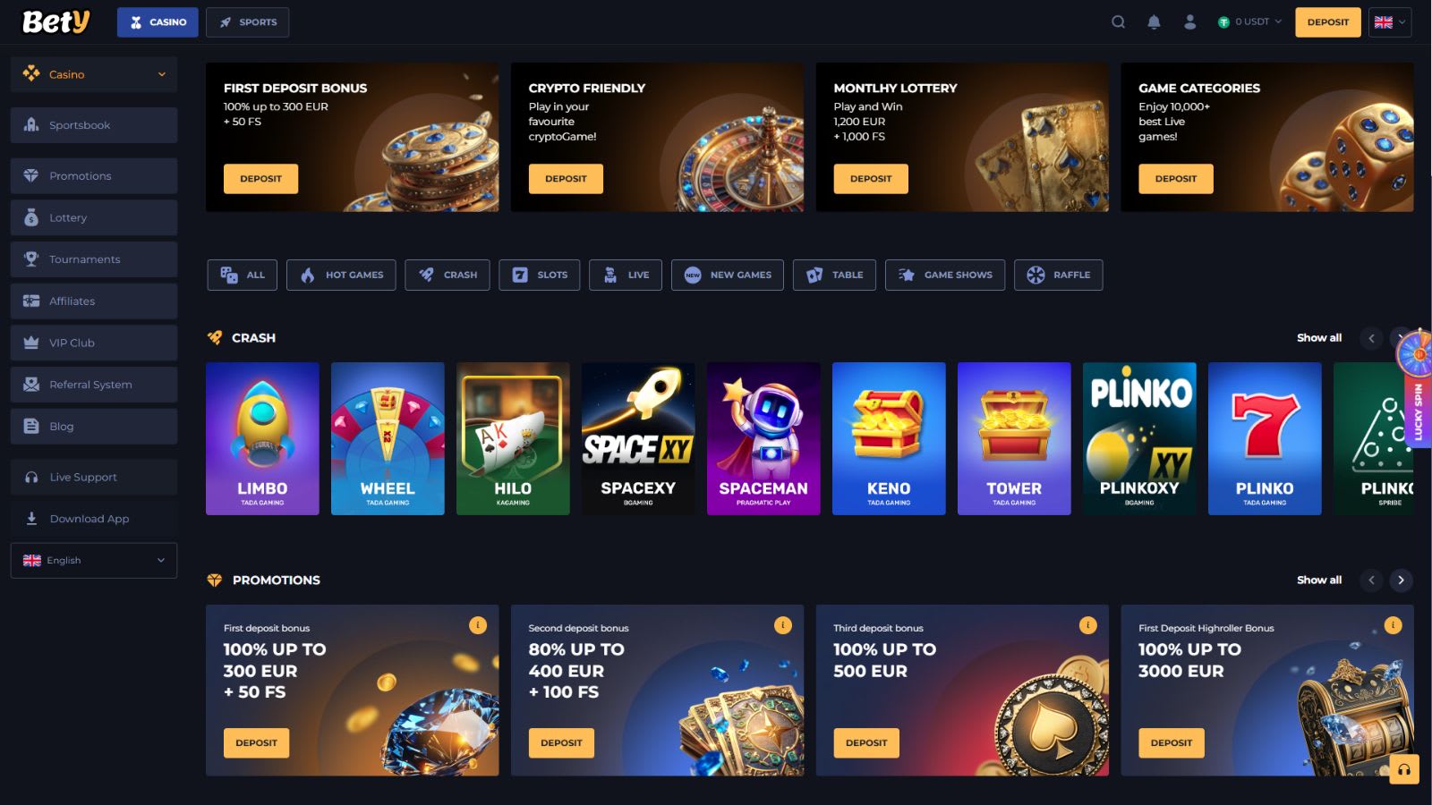 Bety Casino Review - Lobby