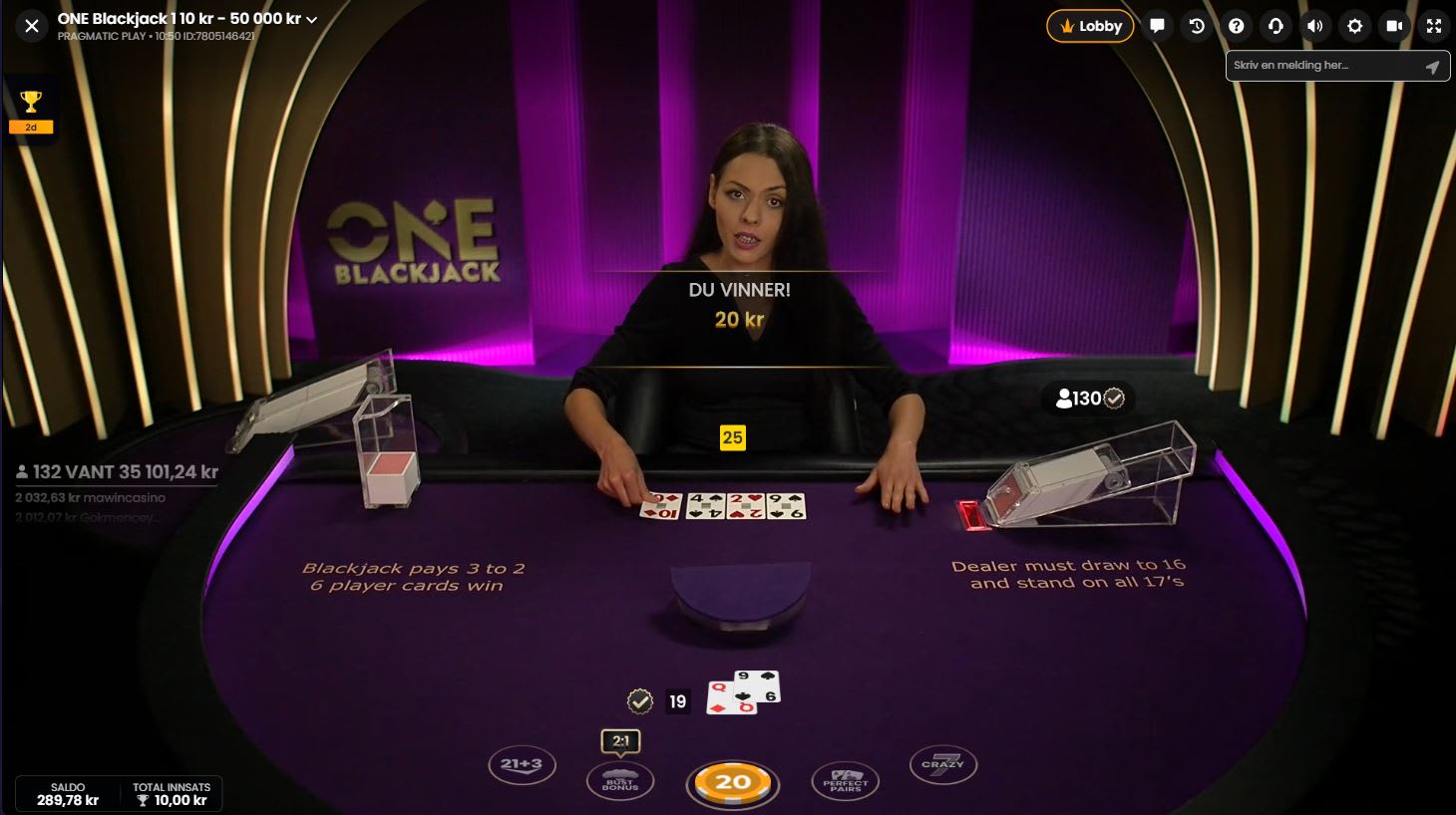 Blackjack gevinst (dealer overstiger 21)