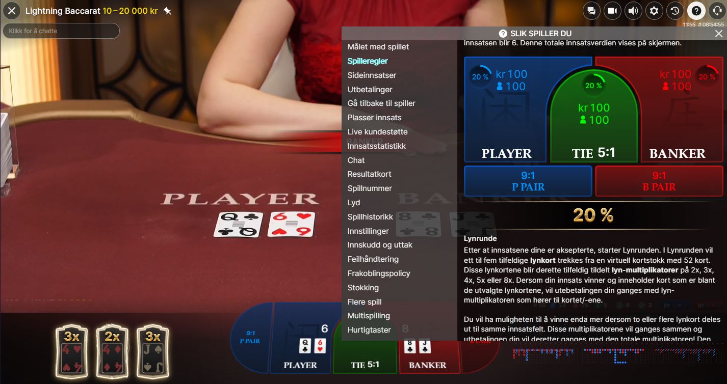 Lightning Baccarat - valg og innsatser