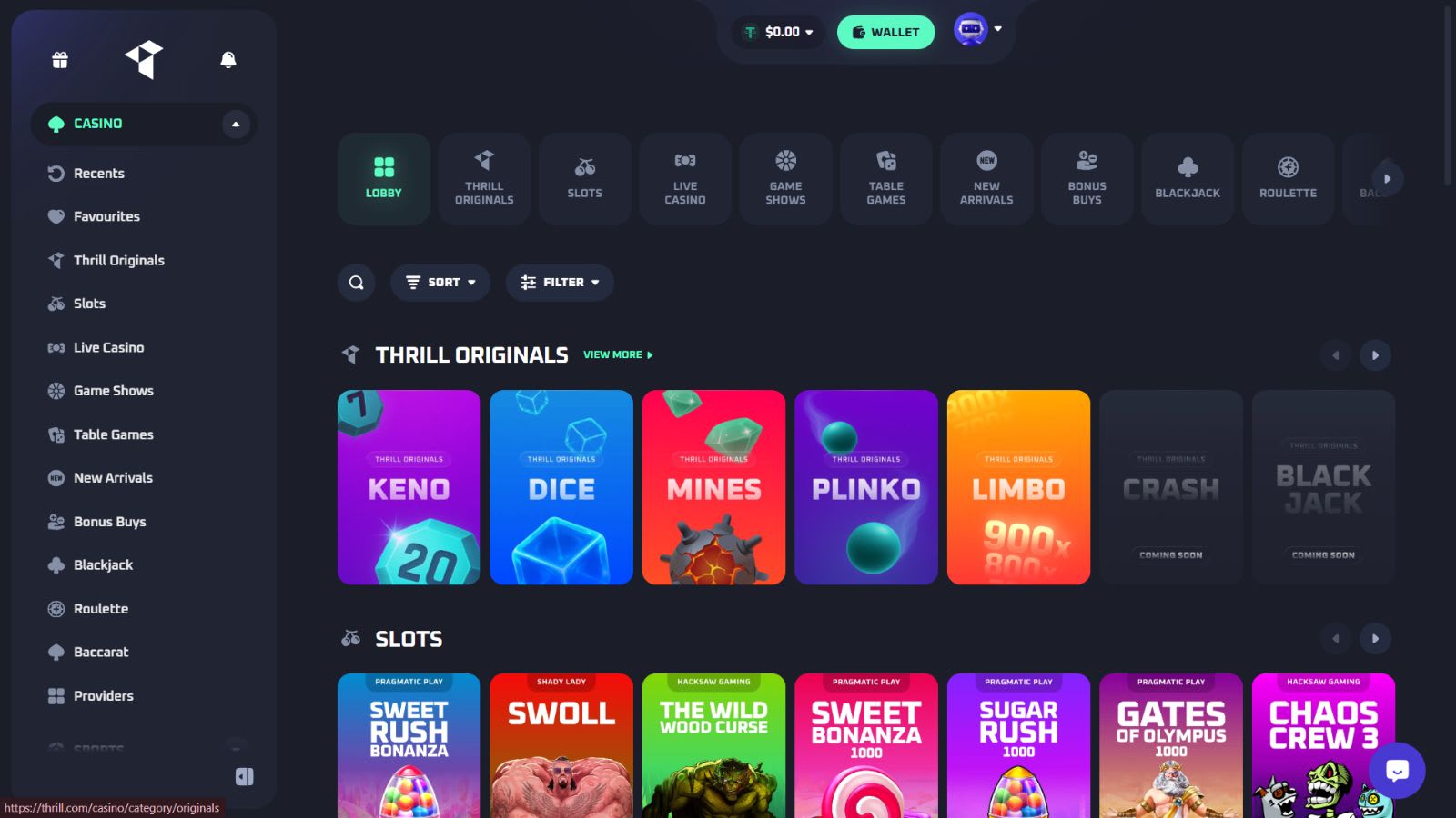 Thrill Casino Review - Lobby Screenshot
