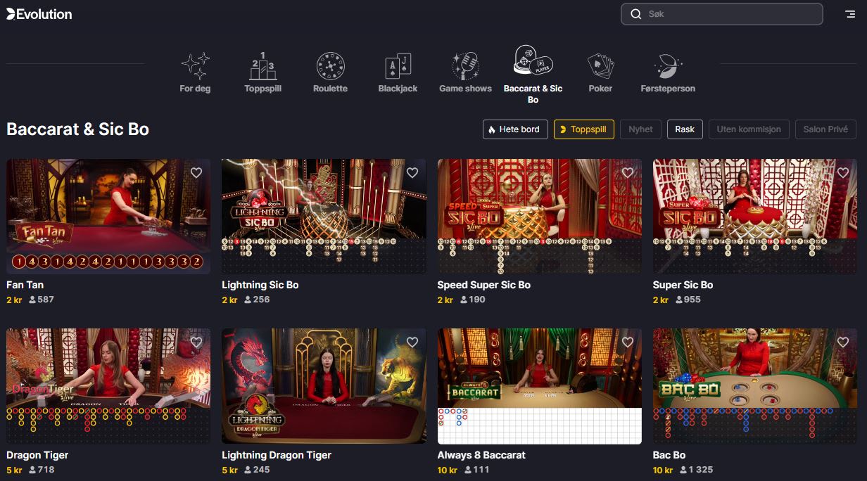 Evolution Live Baccarat Lobby på norsk