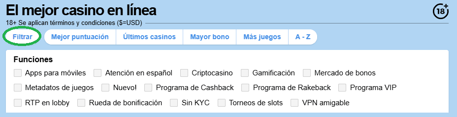 Filtrar por funciones del casino