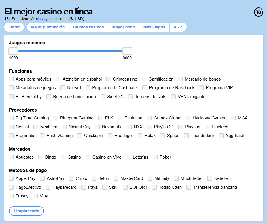 Función de filtro de casino aquí en casinoespanol.com