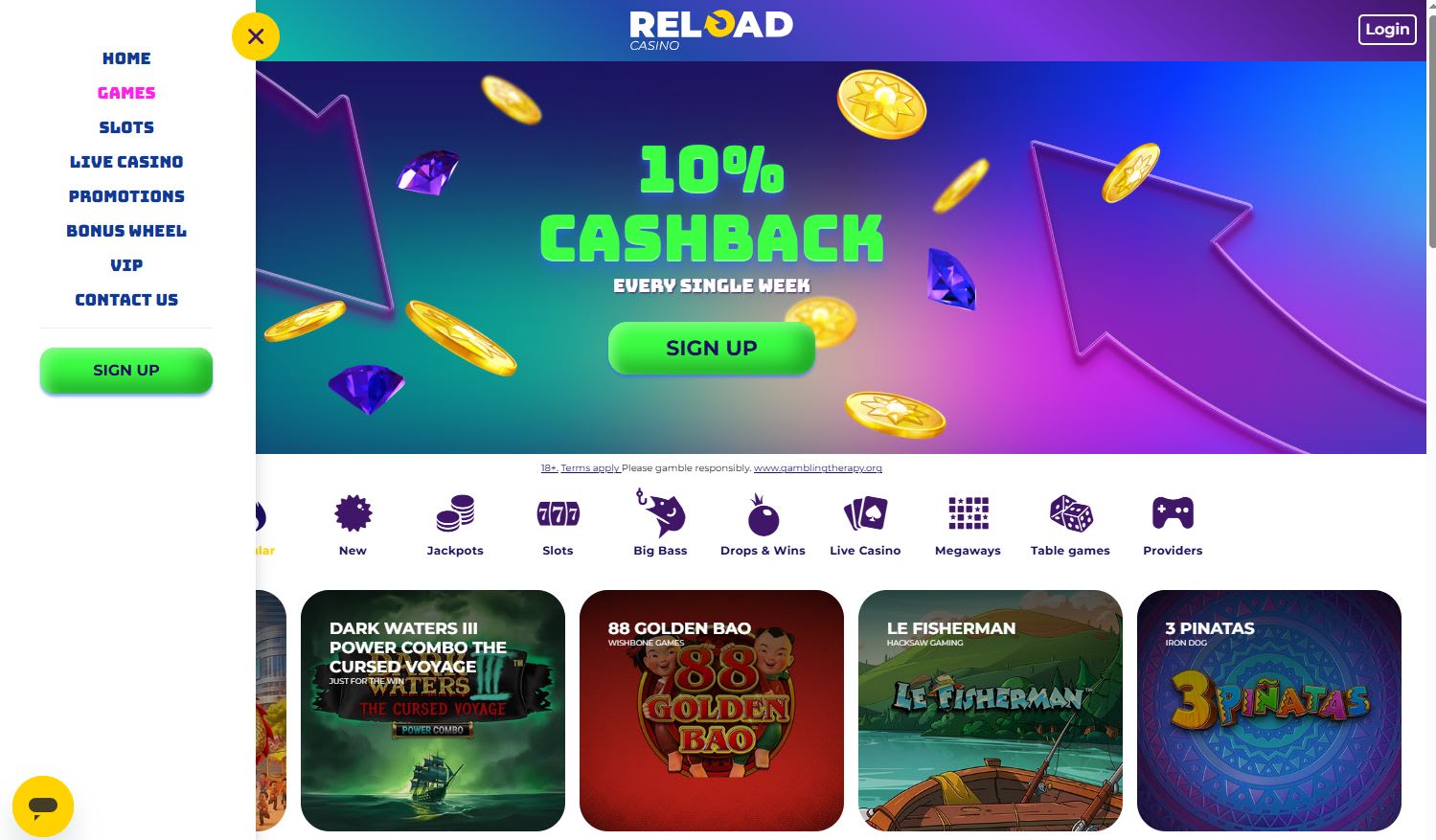 Eksempel ukentlig cashback: Reload Casino