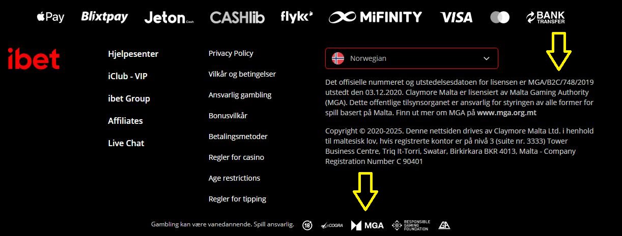 MGA-logo og lisensnummer i nettsidefoten (iBet)