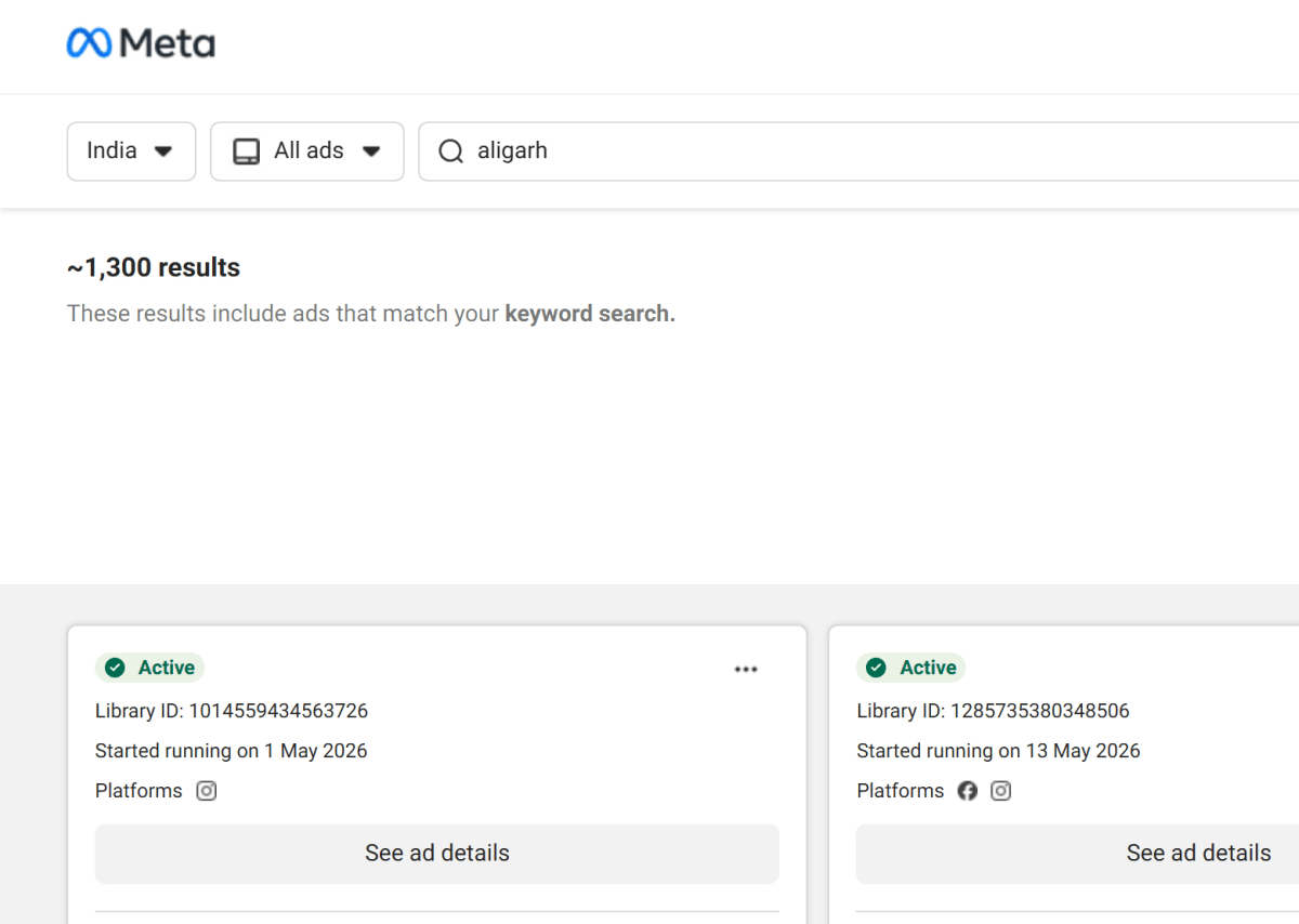 Meta Ad Library search box with "aligarh" entered, country set to India and all ads, showing about 1,300 results filtered to active ads, above the first active ads running on Facebook and Instagram.
