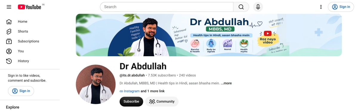 YouTube channel of Dr Abdullah, MBBS, MD: banner reading "Health tips in Hindi, aasan bhasha mein", handle @its.dr.abdullah with 7.53K subscribers and 240 videos, and Subscribe and Community buttons.