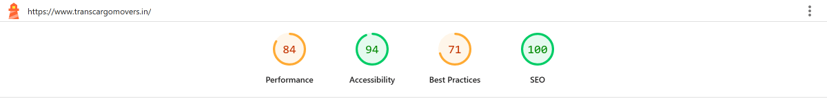 Lighthouse report for transcargomovers.in on mobile: Performance 84, Accessibility 94, Best Practices 71, SEO 100.