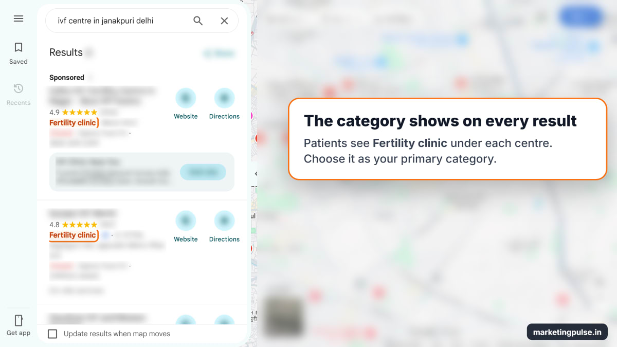 Google Maps results for IVF centre in Janakpuri Delhi, with the Fertility clinic category highlighted under each result