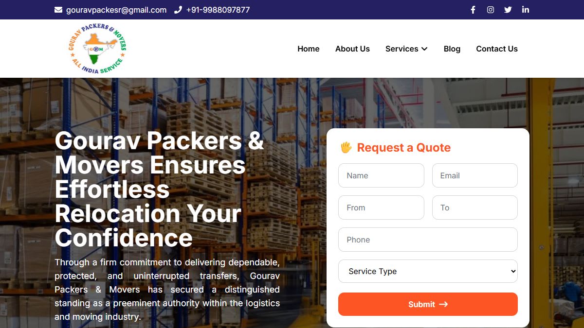 Gourav Packers and Movers website homepage
