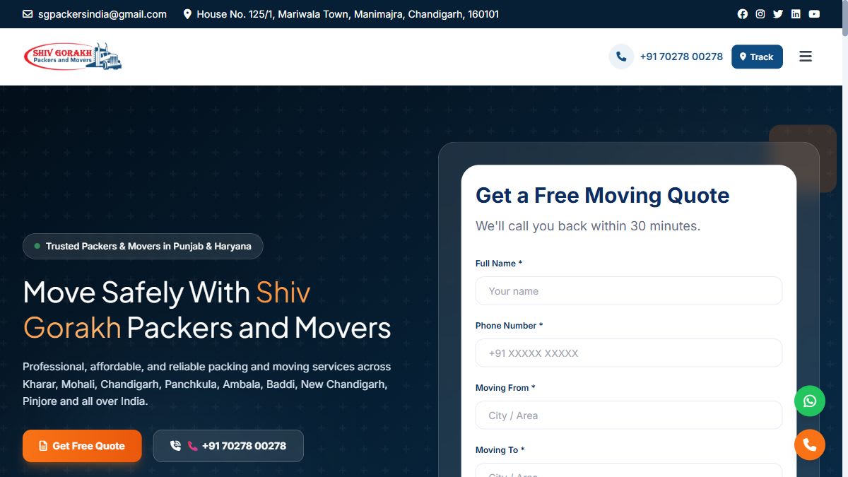 Shiv Gorakh Packers and Movers website homepage