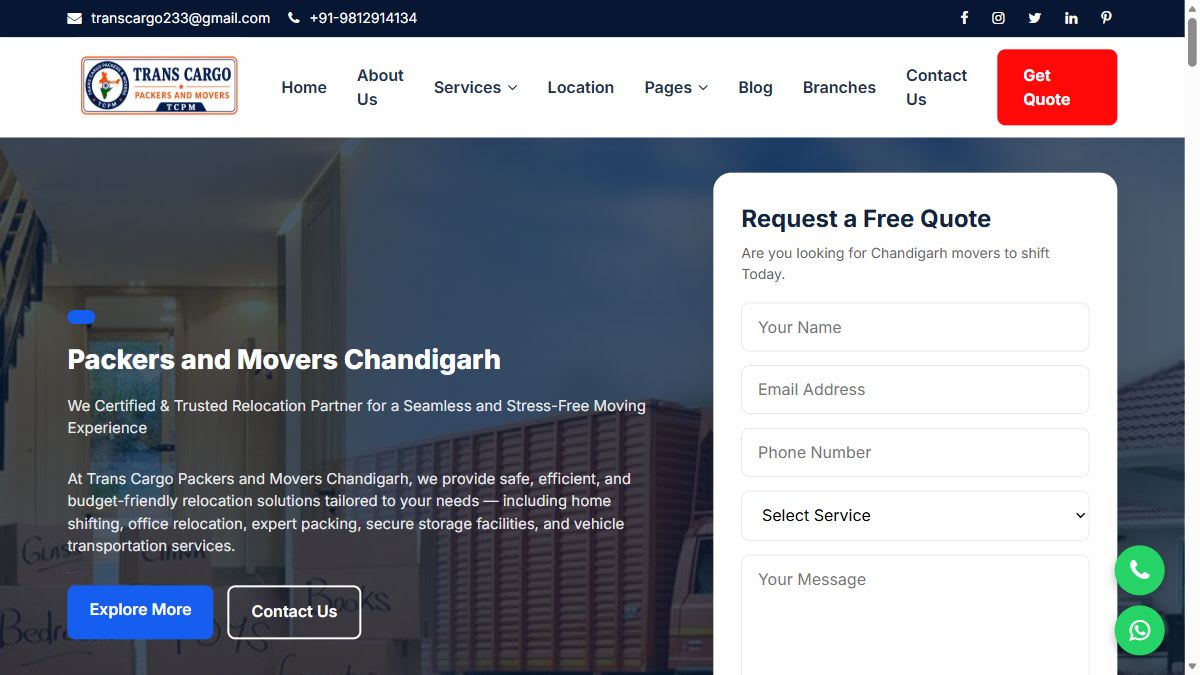 Trans Cargo Packers and Movers website homepage